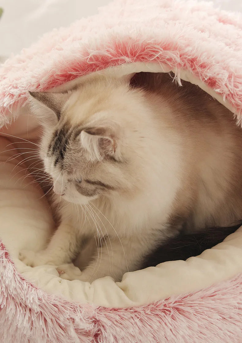 Cama para mascotas de felpa suave de otoño e invierno y cama para mascotas Nido de edredón de felpa cálido y frío de invierno Nido de gato de concha Nido de gato semicerrado