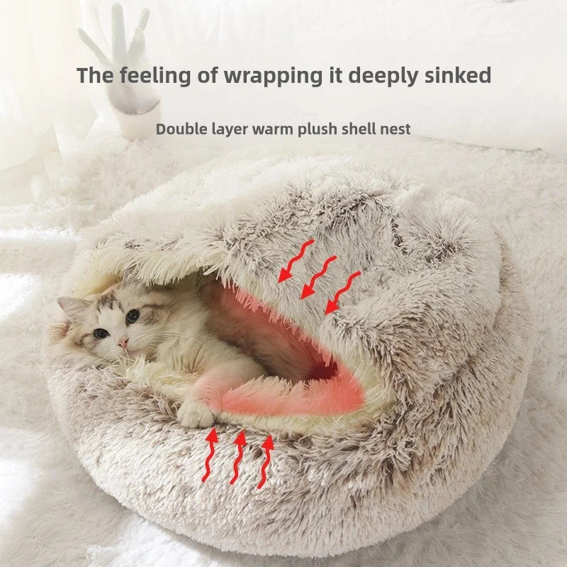 Cama para mascotas de felpa suave de otoño e invierno y cama para mascotas Nido de edredón de felpa cálido y frío de invierno Nido de gato de concha Nido de gato semicerrado