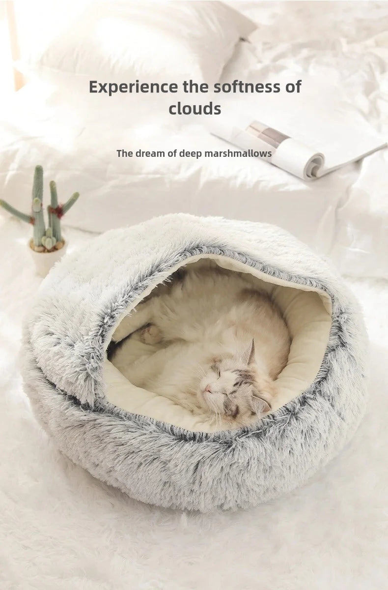 Cama para mascotas de felpa suave de otoño e invierno y cama para mascotas Nido de edredón de felpa cálido y frío de invierno Nido de gato de concha Nido de gato semicerrado