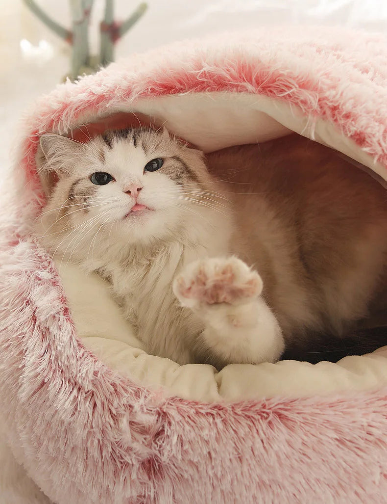 Cama para mascotas de felpa suave de otoño e invierno y cama para mascotas Nido de edredón de felpa cálido y frío de invierno Nido de gato de concha Nido de gato semicerrado