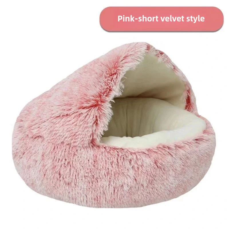 Cama para mascotas de felpa suave de otoño e invierno y cama para mascotas Nido de edredón de felpa cálido y frío de invierno Nido de gato de concha Nido de gato semicerrado