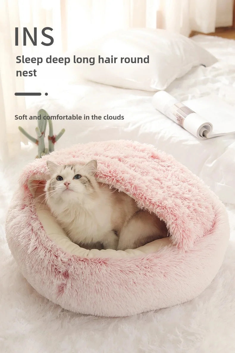 Cama para mascotas de felpa suave de otoño e invierno y cama para mascotas Nido de edredón de felpa cálido y frío de invierno Nido de gato de concha Nido de gato semicerrado
