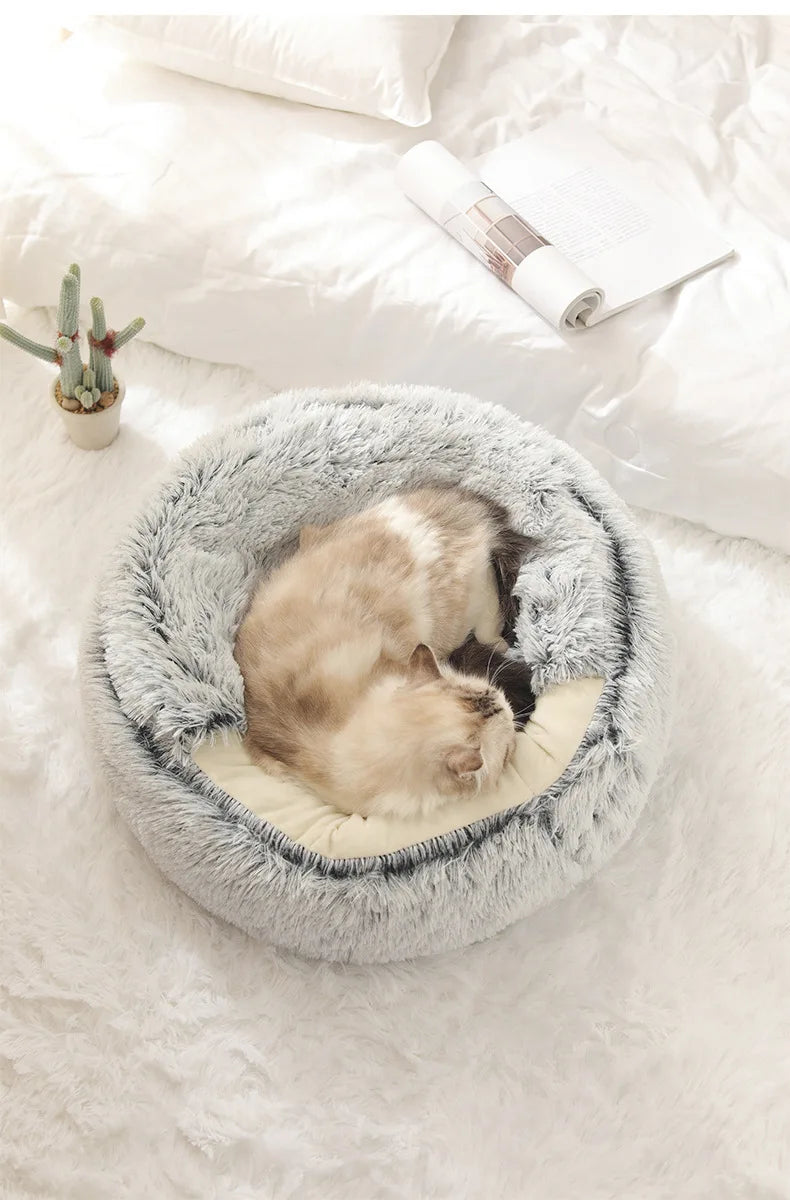 Cama para mascotas de felpa suave de otoño e invierno y cama para mascotas Nido de edredón de felpa cálido y frío de invierno Nido de gato de concha Nido de gato semicerrado
