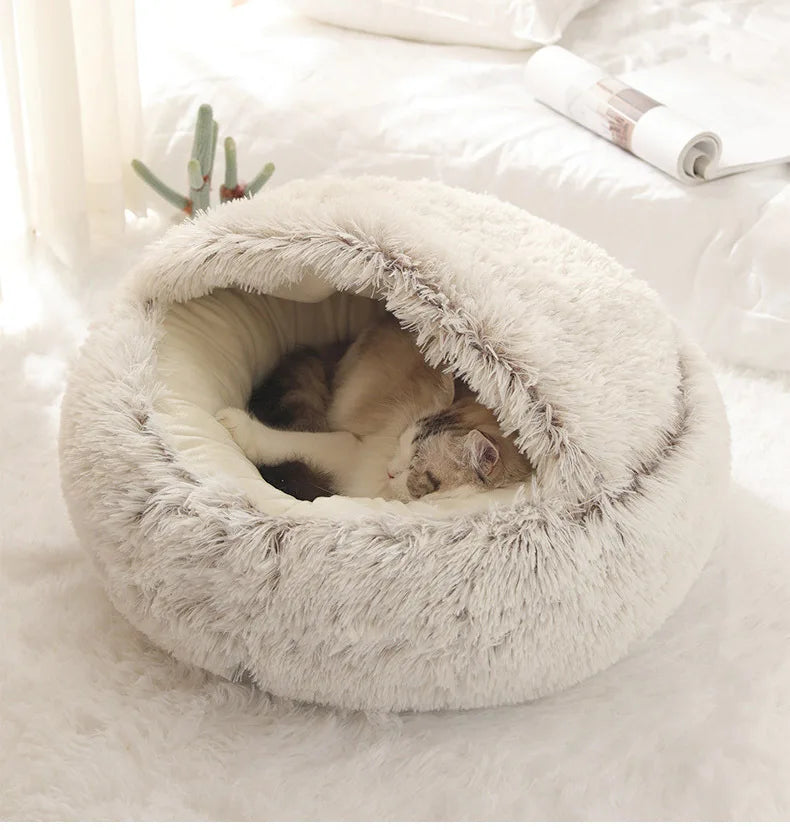 Cama para mascotas de felpa suave de otoño e invierno y cama para mascotas Nido de edredón de felpa cálido y frío de invierno Nido de gato de concha Nido de gato semicerrado