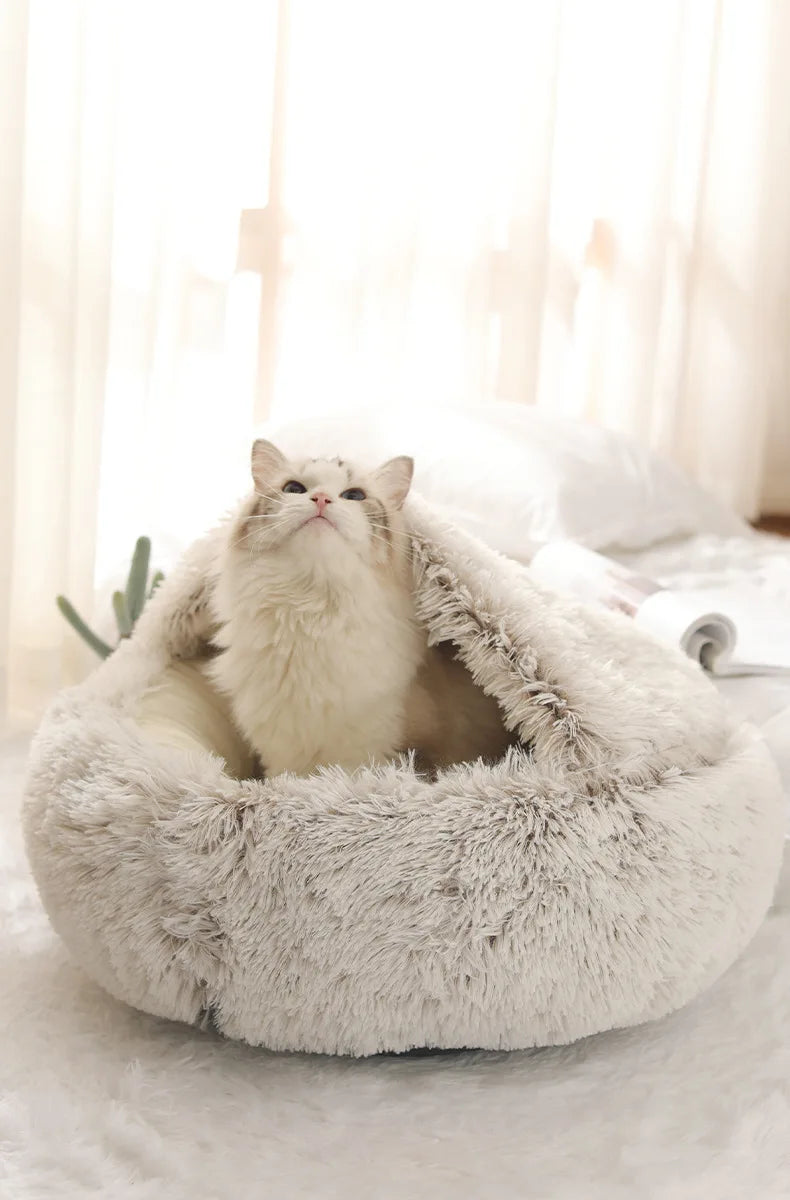 Cama para mascotas de felpa suave de otoño e invierno y cama para mascotas Nido de edredón de felpa cálido y frío de invierno Nido de gato de concha Nido de gato semicerrado