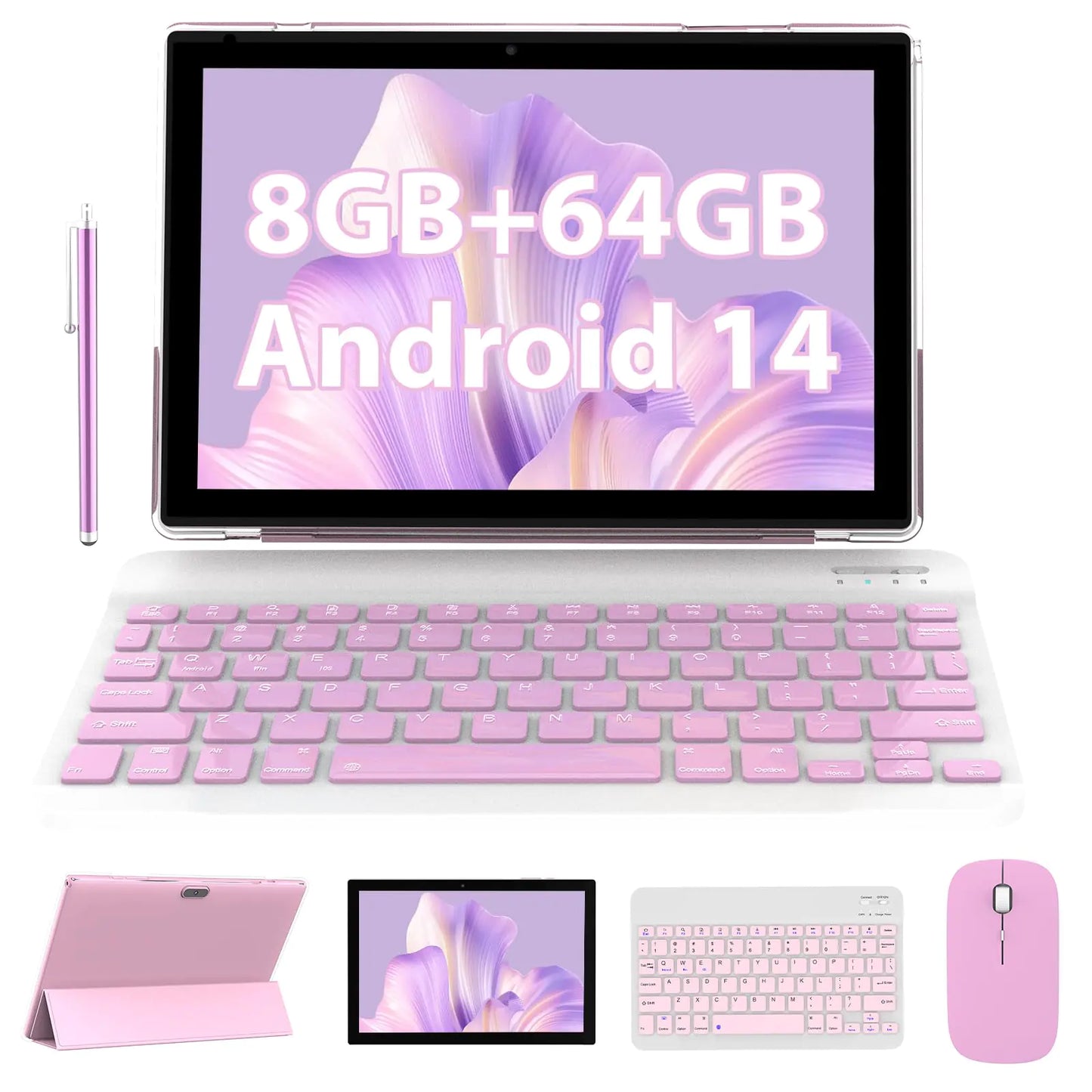 Tablet de 10 pulgadas con Teclado 2 en 1 Tablet Android 14 con Funda, Ratón y Stylus, Batería de 6000mAh, 8GB+64GB/1024GB Expandible, Tableta de 10.1'' con Doble Cámara, WiFi y Bluetooth (Rosa)