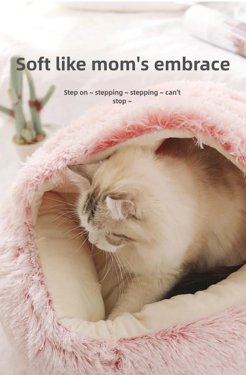 Cama para mascotas de felpa suave de otoño e invierno y cama para mascotas Nido de edredón de felpa cálido y frío de invierno Nido de gato de concha Nido de gato semicerrado