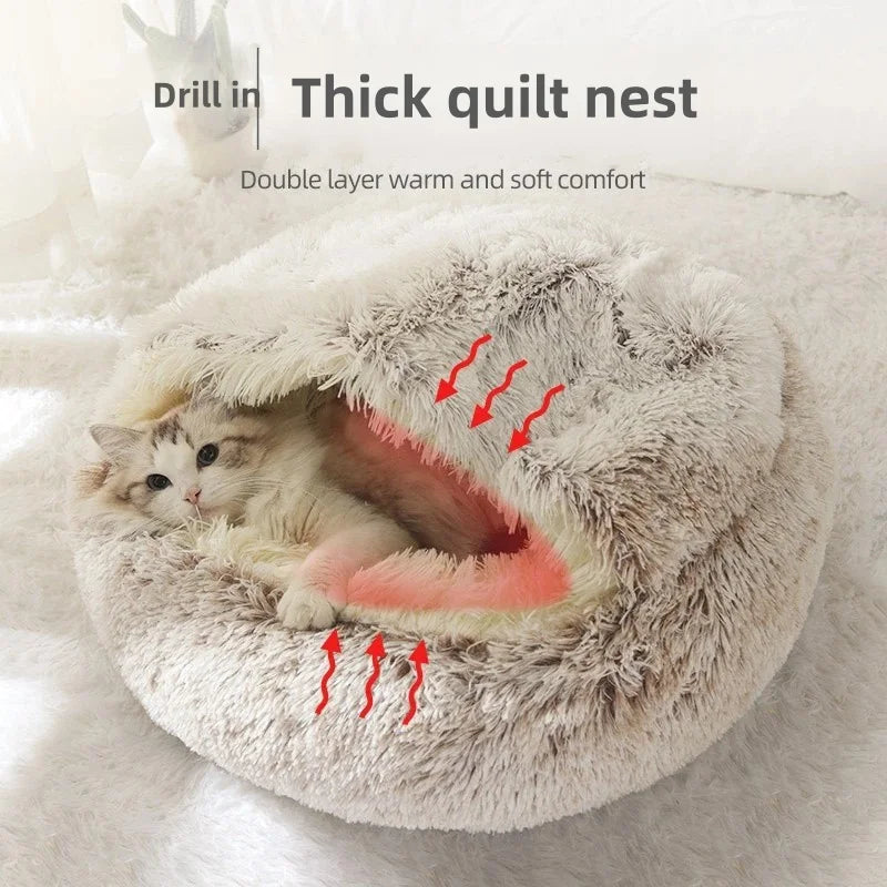 Cama para mascotas de felpa suave de otoño e invierno y cama para mascotas Nido de edredón de felpa cálido y frío de invierno Nido de gato de concha Nido de gato semicerrado