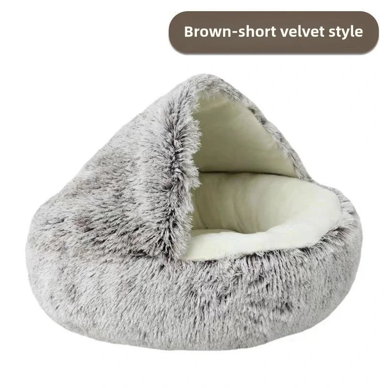 Cama para mascotas de felpa suave de otoño e invierno y cama para mascotas Nido de edredón de felpa cálido y frío de invierno Nido de gato de concha Nido de gato semicerrado
