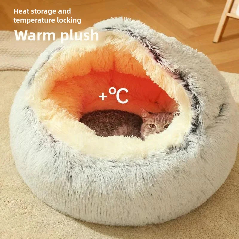 Cama para mascotas de felpa suave de otoño e invierno y cama para mascotas Nido de edredón de felpa cálido y frío de invierno Nido de gato de concha Nido de gato semicerrado