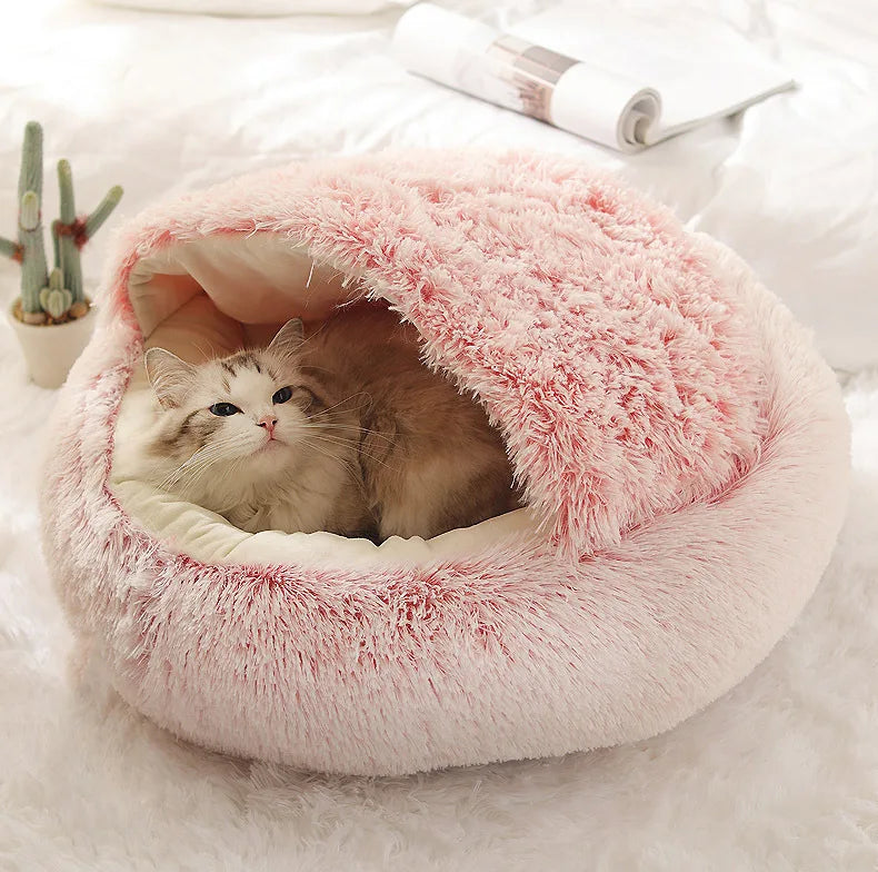 Cama para mascotas de felpa suave de otoño e invierno y cama para mascotas Nido de edredón de felpa cálido y frío de invierno Nido de gato de concha Nido de gato semicerrado