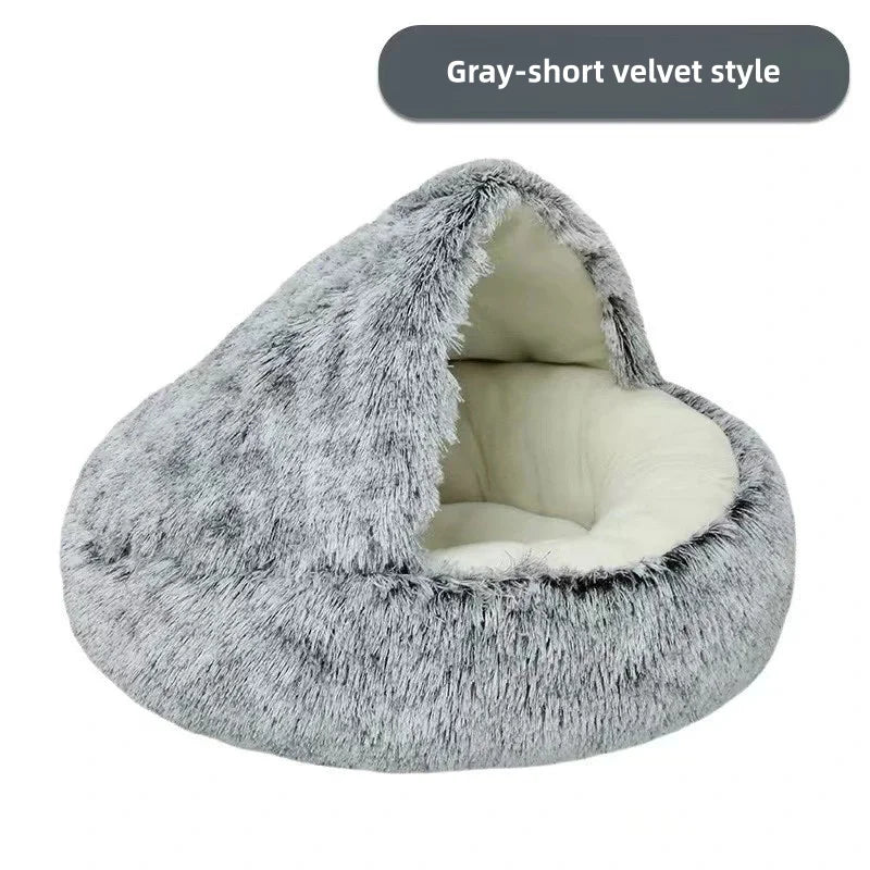 Cama para mascotas de felpa suave de otoño e invierno y cama para mascotas Nido de edredón de felpa cálido y frío de invierno Nido de gato de concha Nido de gato semicerrado