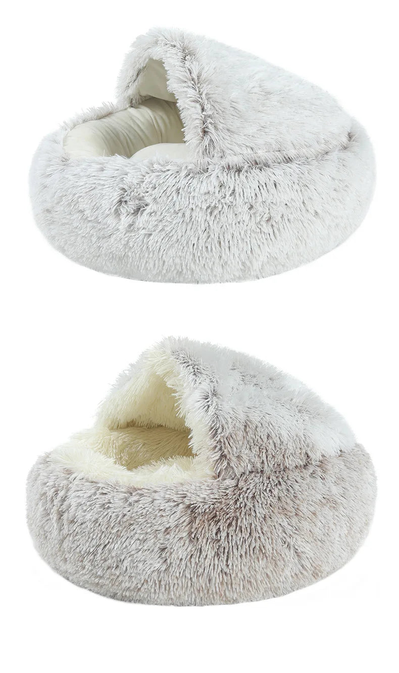 Cama para mascotas de felpa suave de otoño e invierno y cama para mascotas Nido de edredón de felpa cálido y frío de invierno Nido de gato de concha Nido de gato semicerrado